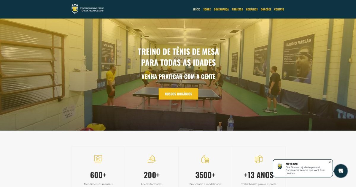 Tela do site: Nova Era Tênis de Mesa